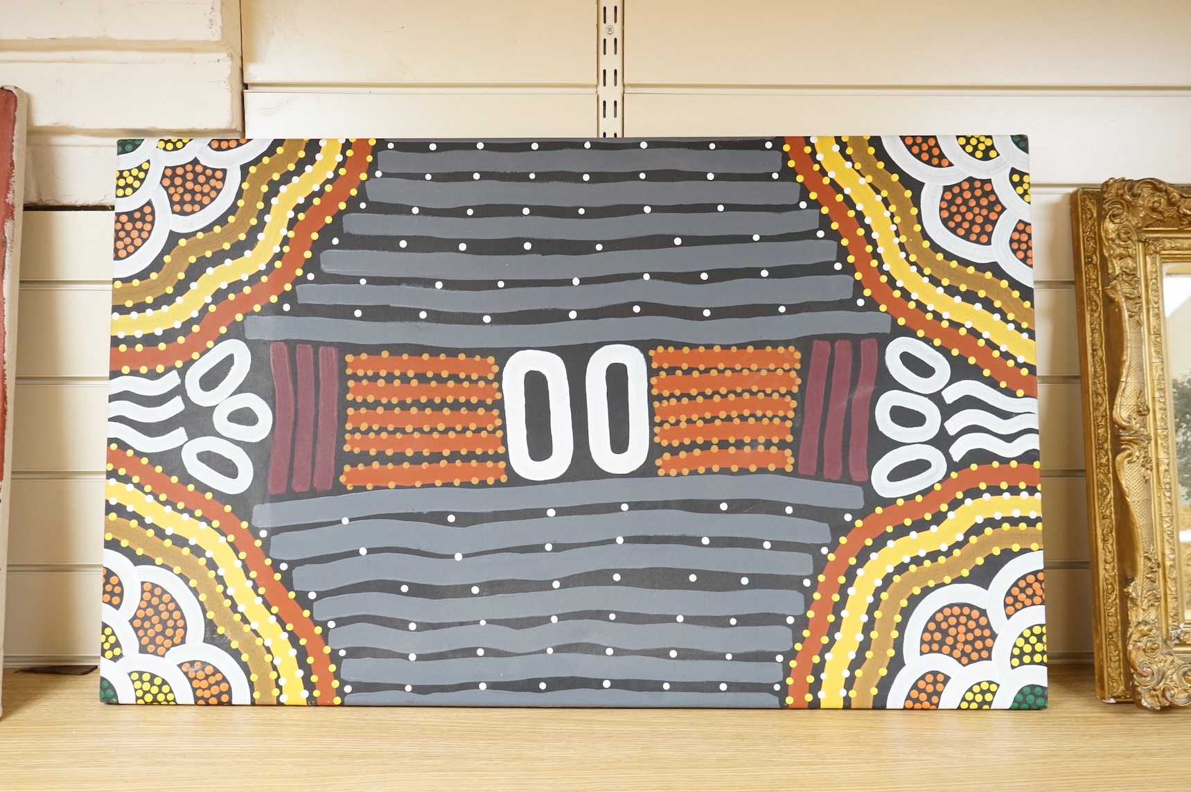 Aboriginal School, 'Flinderes rangers dreaming', indistinctly signed and dated 2008 verso, oil on canvas, 56 x 91cm, unframed